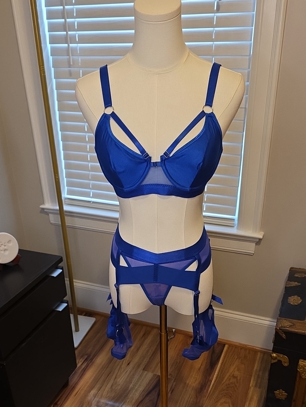 Sexy Royal Blue Strappy Bra & Garter Set - NWOT